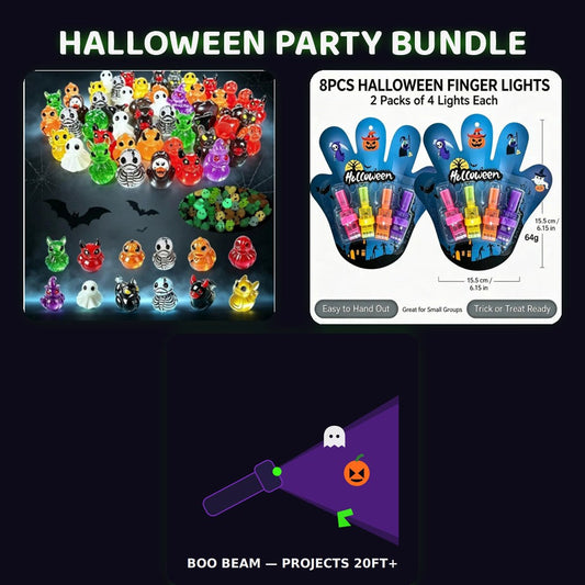 Boolume Halloween Party Bundle — Glow Skull Ducks, Boo Beam projector and Ghost Glow Finger Lights set